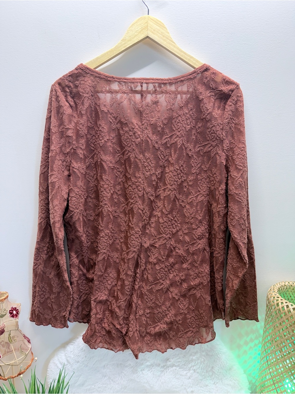 Dusty Rose Lace-Textured Long Sleeve Scoop Neck Summer Wedding Ready Blouse š¹ - Picture 3 of 5